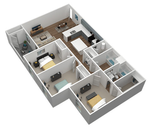 3 bed 2 bath 3d floor plan at Gateway Apartments, East Wenatchee , WA 98802